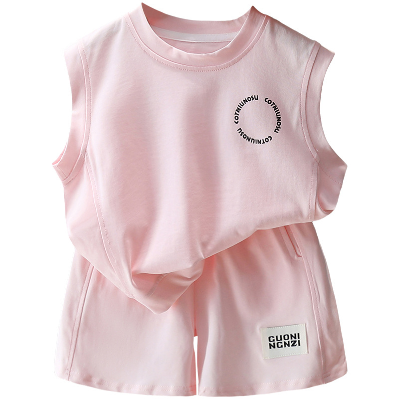7263 Traje rosa para niños Verano 2025 Nuevos pantalones cortos sin mangas para niños Estilo de verano Deportes de dos piezas Verano