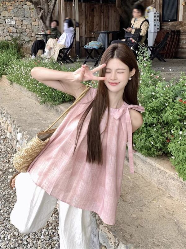 Bow-Tie Pink Sleeveless Shirt for Summer, Gentle French-Style Stunning Off-Shoulder Babydoll Top for Women