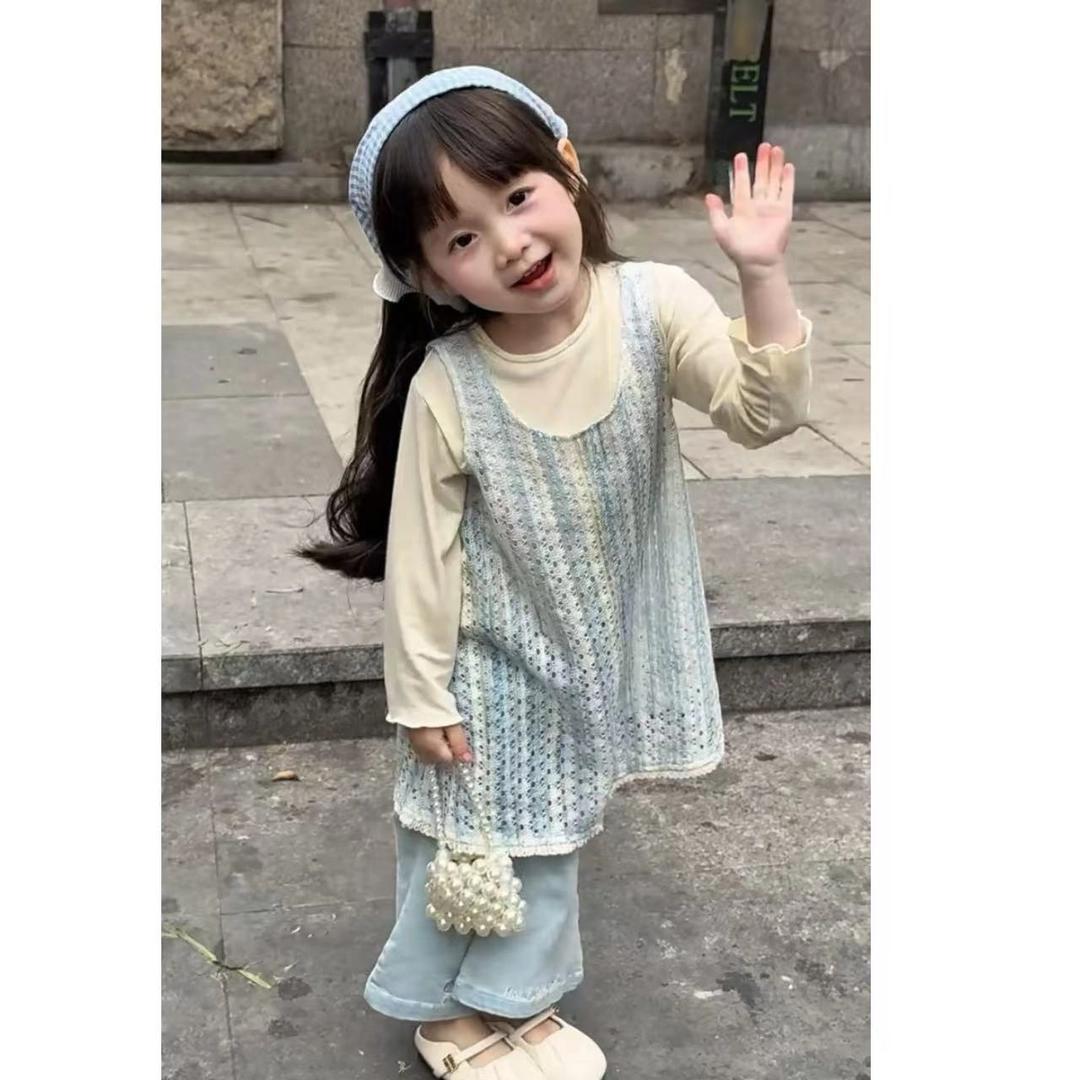 女童针织马甲背心2025春季女童打底衫吊带裙毛边微喇牛仔裤套装潮