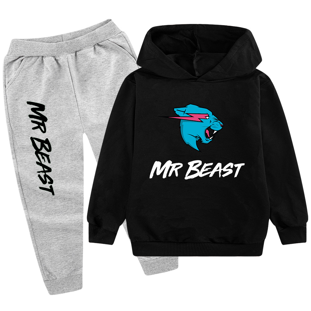 Testa di lupo MR BEAST Cartoon stampato set per ragazzi e bambini felpa con cappuccio maglione + pantaloni PB437_voghion.com