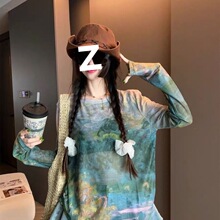 复古长袖T恤防晒衣女中长款宽松显瘦变染印花网纱轻薄罩衫上衣潮