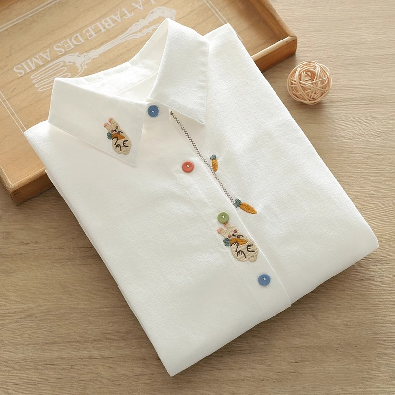 Pure Cotton Spring and Autumn New Style Literary and Fresh Rabbit and Radish Embroidered All-Cotton White Long-Sleeved Shirt for Women, Suitable for Students