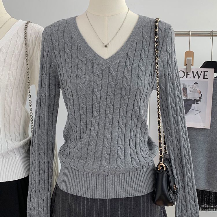 Gray V Neck Knitwear Women's Autumn and Winter New Preppy Style Long-Sleeved Twist High-End Niche Simple Knitwear Top Gray V Neck Knitwear Women's Autumn and Winter New Preppy Style Long-Sleeved Twist High-End Niche Simple Knitwear Top