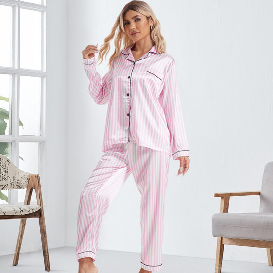 Foreign Trade Female Nurse Long Sleeve Powder Stripe White Ding Shirt Trousers Long Sleeve Home Clothes European and American Style Supply Pajamas suit