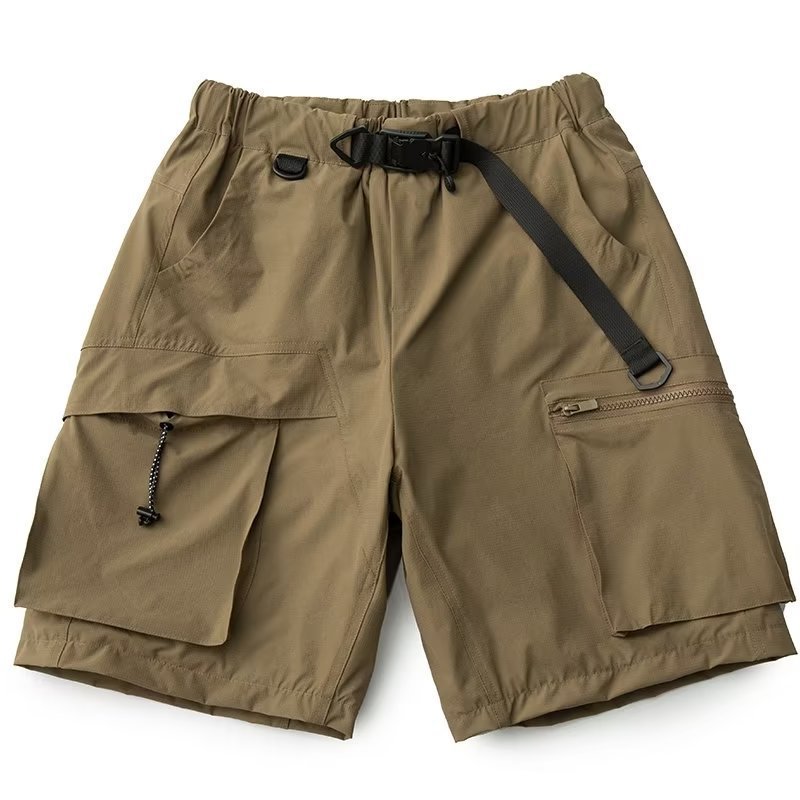 Summer New Men's Shorts with Buckle Belt, Ice Silk Retro Multi-Pocket Cargo Functional Quick-Dry Wrinkle-Resistant Knee-Length Shorts for Summer