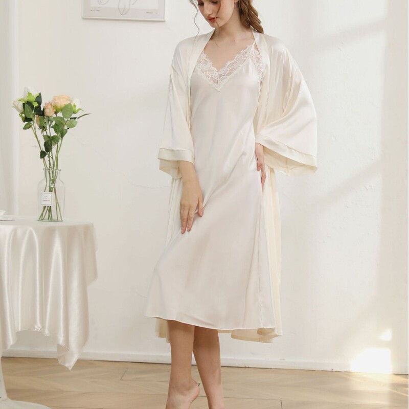Sexy Lace Ice Silk Long Nightgown for Women, Silk Sleepwear, Bridal Robe, 2026 New Model