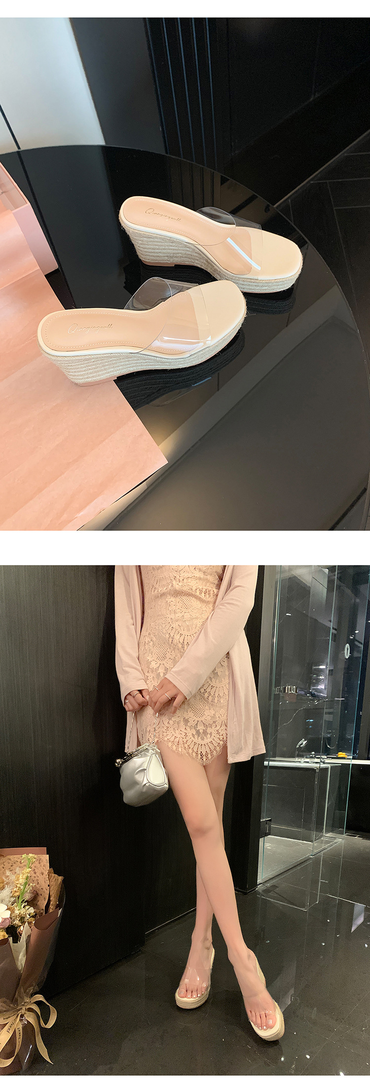 Sandal cao gót nữ đính đá quai ngang mũi hở đế xuồng cao gót 9 cm — Mặt đính đá trắng kem, Mặt trơn trắng kem chi tiết 19