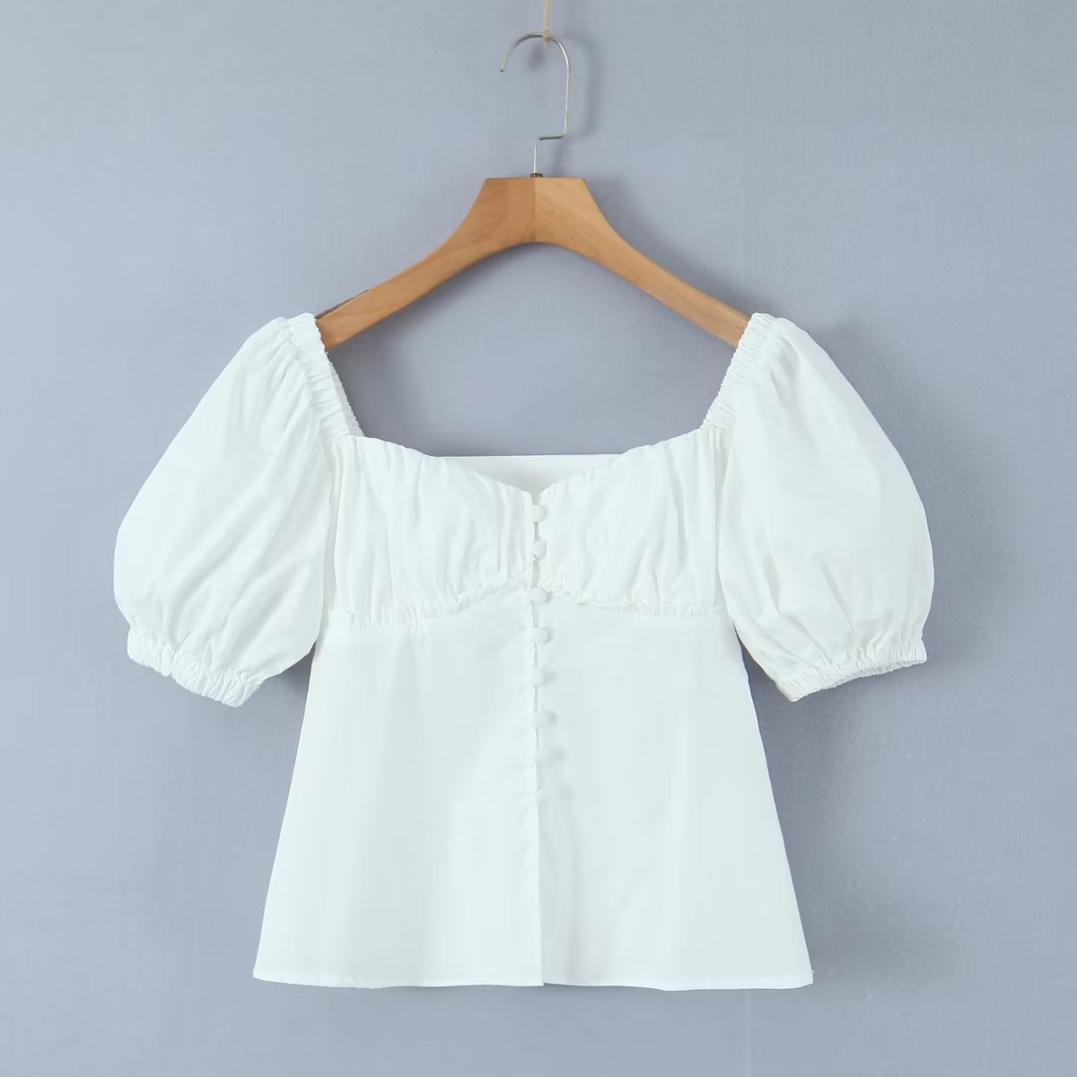 白色短袖衬衫女短款收腰泡泡袖衬衣温柔夏季新款法式上衣甜美复古