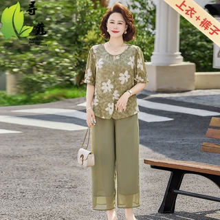 夏季新款妈妈装套装女洋气中老年印花两件套衣服40岁中年女装宽松