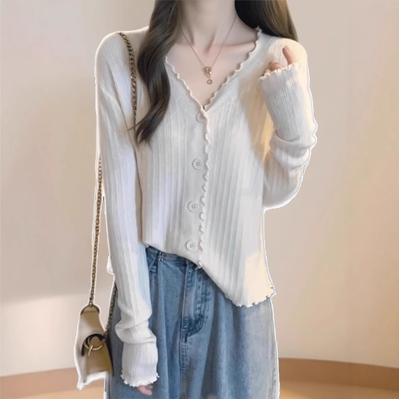 V-Neck Knit Cardigan for Women, Thin Style, Spring and Autumn 2026 New Model, Ruffled Long-Sleeve Shawl Jacket Top for Women