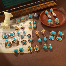 欧美跨境绿松石耳环亚马逊热销几何中古vintage耳饰925高级感新款