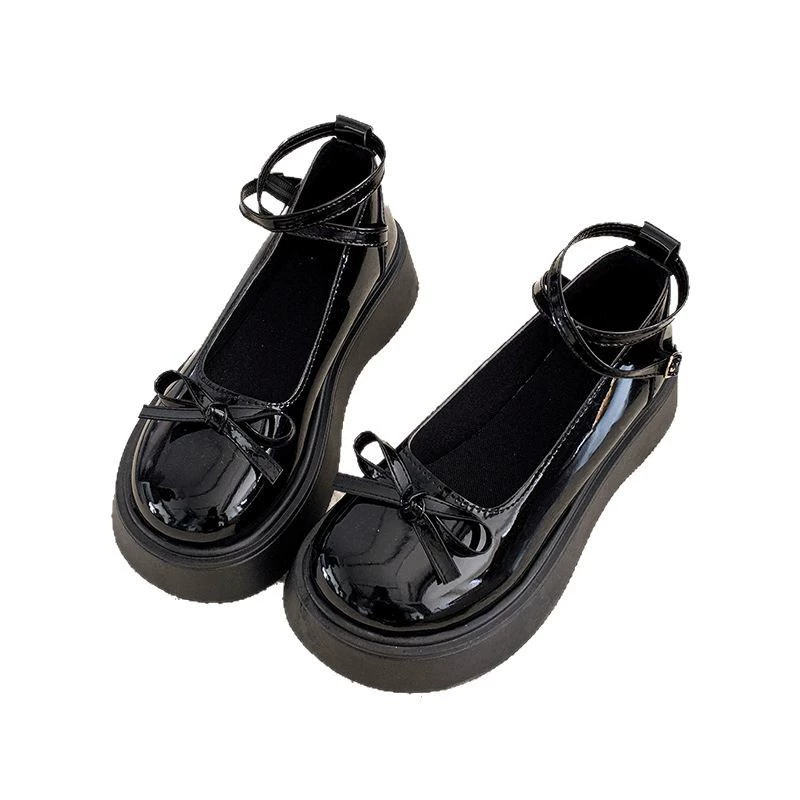 Japanese summer footwear with bow platform for leather shoes, shoes, for teenagers