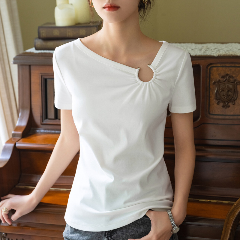 Camiseta de manga corta para mujer verano 2023 nueva camiseta de color sólido con cuello en V de estilo francés para mujer