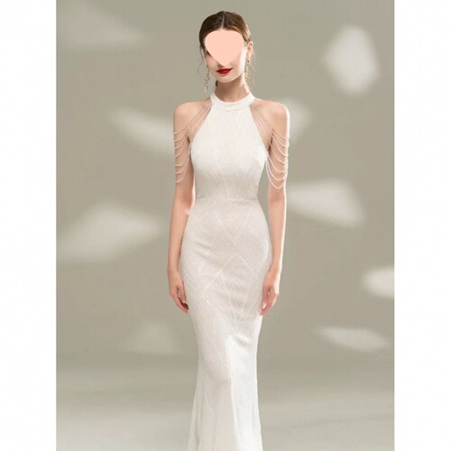 White evening gown for women, high-end, elegant, choker-style host dress, fishtail long dress