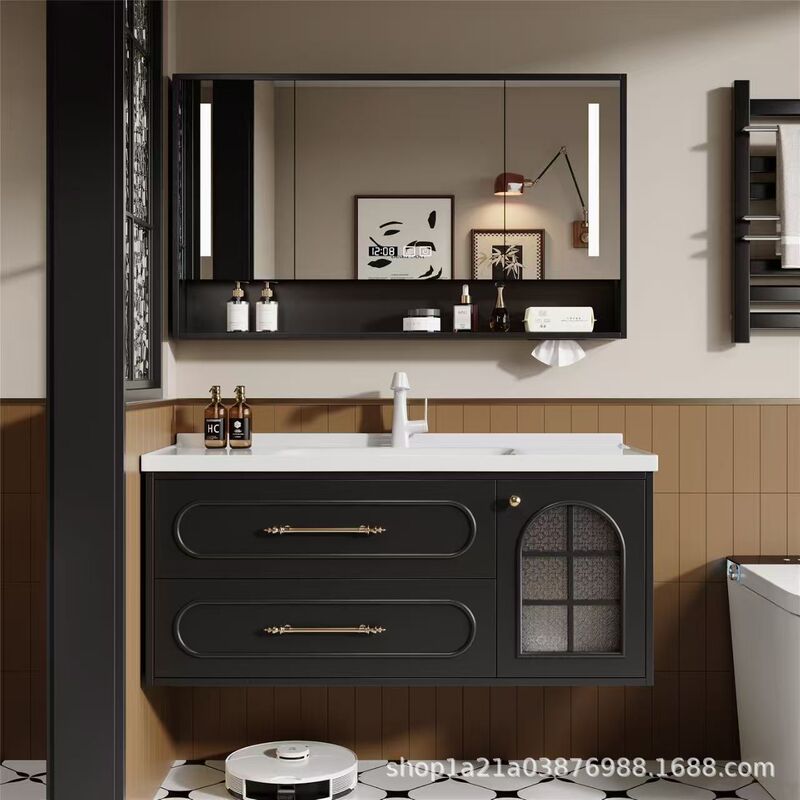 French-Style Lacquered Retro Bathroom Cabinet Set with Integrated Washbasin, Ceramic Bathroom Sink, Black French-Style Lacquered Retro Bathroom Cabinet Set with Integrated Washbasin, Ceramic Bathroom Sink, Black