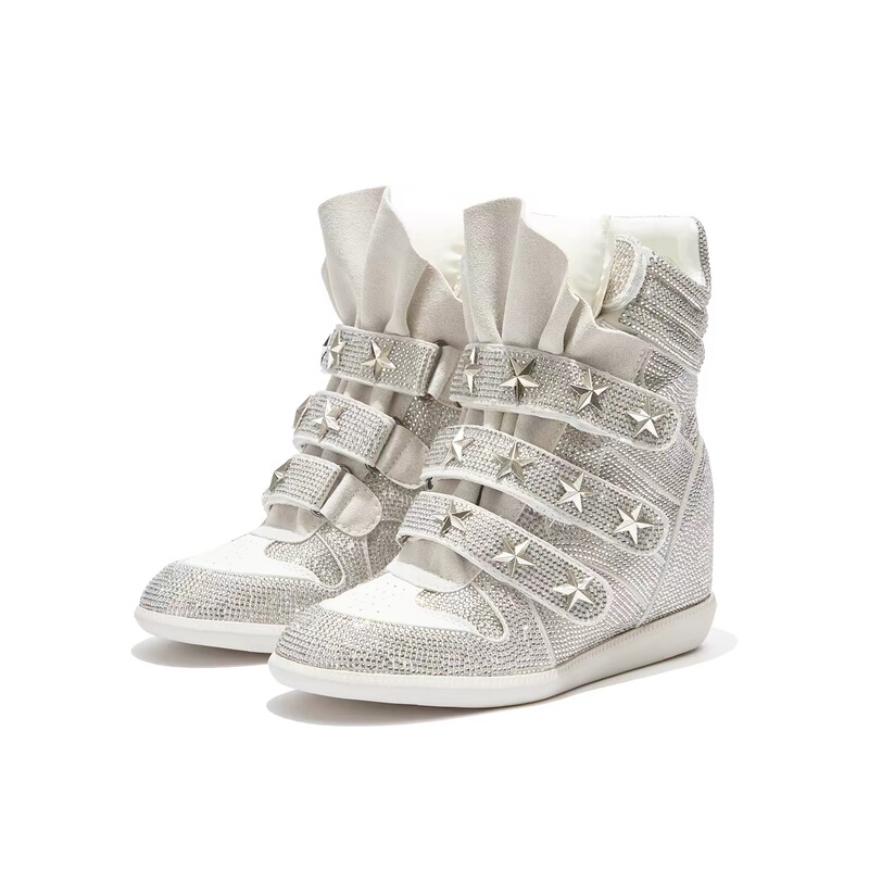 2026 Spring New Style Rivet Retro Velcro High-Top Casual Shoes for Women New Versatile Thick-Soled Height-Increasing Sneakers