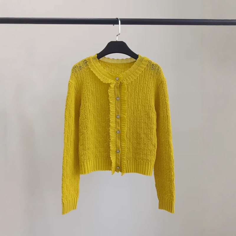 Tweed Style Spring New Pleated Lace Knitted Button Cardigan Women's Round Neck Fashion Long-Sleeved Top Jacket