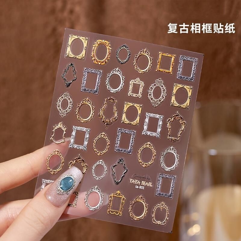 2026 New Trendy Retro Photo Frame Oil Painting 3D Pattern Embossed Nail Stickers Popular Nail Decoration Stickers