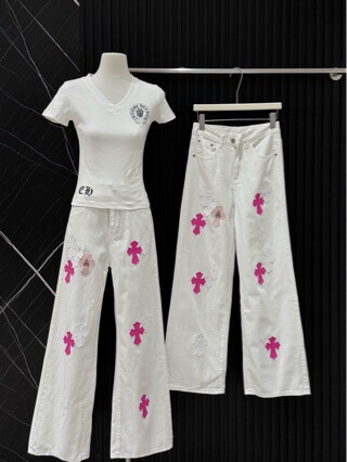 American retro style colorful cross leather label white jeans for women, high-waisted, slimming, straight wide-leg, versatile and trendy long pants