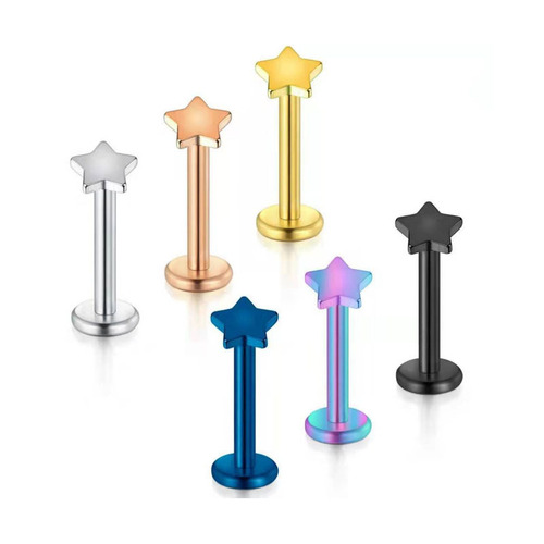 Stainless steel lip nail lip ring nose nail ear bone nail stainless steel flat bottom rod European and American five-pointed star lip nail piercing wholesale