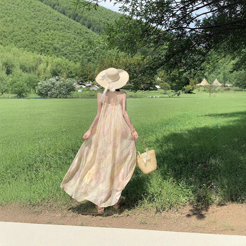 2025 Cross-Border New Product French Style Lazy Smudged Printed Long Beaded Suspender Dress Summer New Retro Loose