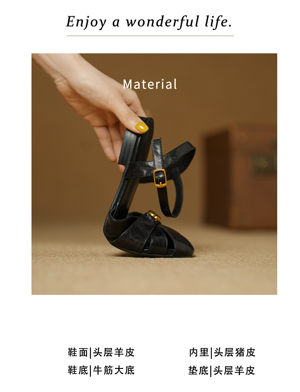Sandal nữ bít mũi da cừu quai ngang hoa trà đế thấp — Màu đen chi tiết 3