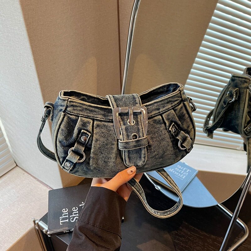 Túi đeo chéo nữ dáng hộp nhỏ kẹp nách vải denim xếp nếp phong cách Hàn Quốc — Cao bồi xanh, Màu xanh cổ điển, đen chi tiết 12