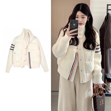 小个子穿搭针织拼接羽绒棉服女短款TB冬季休闲外套女立领棉衣加厚