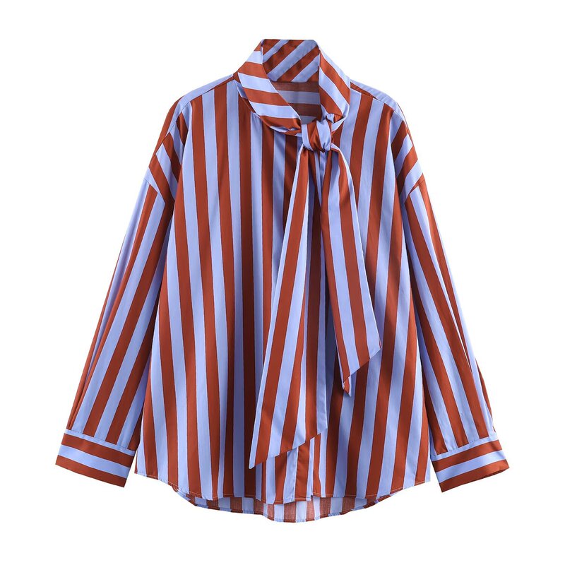 Pb&Za Cross-Border Women's Clothing Relaxed Loose Shirt Long-Sleeved High-Neck Striped Shirt with Bow Decoration 239011