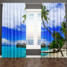 新款海景窗簾遮光布數碼打印清新海邊風景窗簾成品滌綸高遮光穿桿