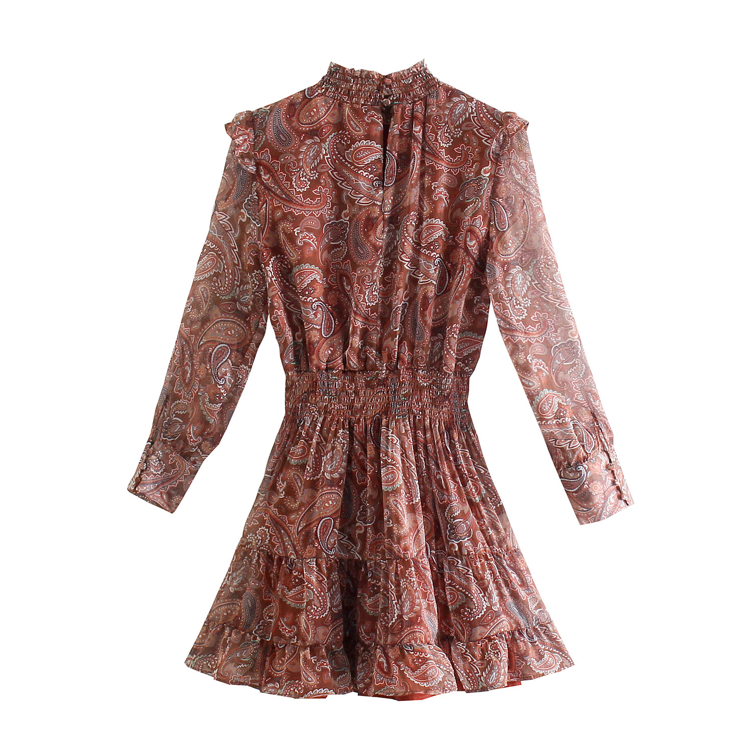 Cashew Flower Print Long-Sleeved With Agaric Edge Dress NSXFL103713