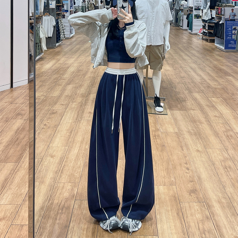 美式复古藏青色运动卫裤女春夏季新款宽松直筒休闲裤垂感阔腿长裤