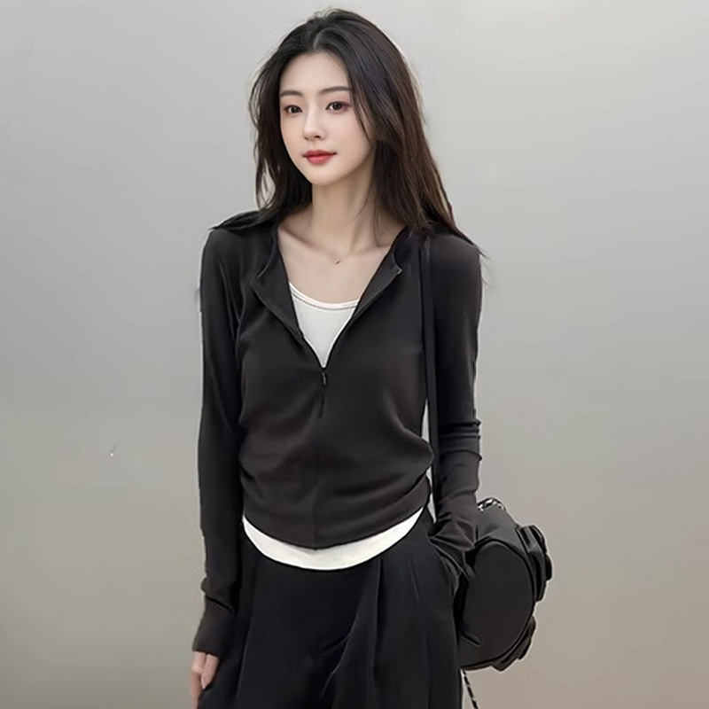 春秋新款拉链款假两件衬衫显瘦气质长袖设计感t恤女士打底衫上衣|undefined