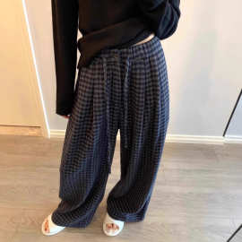 大码毛呢松紧腰格纹女式休闲裤胖MM遮跨显瘦直筒阔腿裤抽绳长裤子