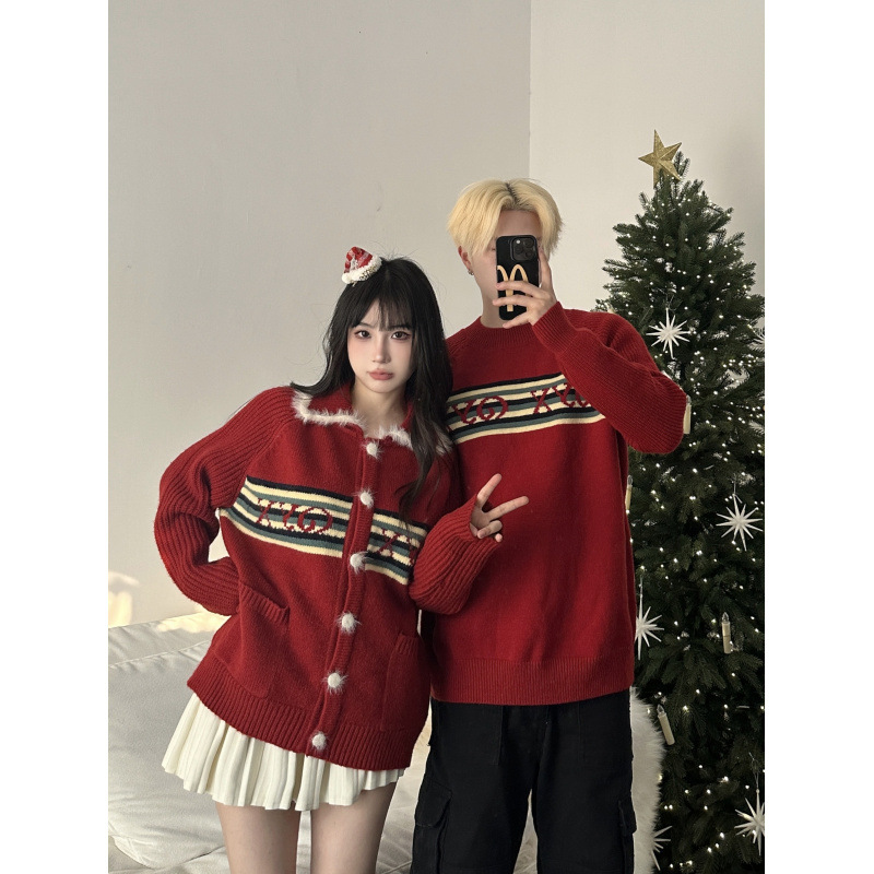 남성과 여성을위한 2024 가을과 겨울 연인 복장은 남성과 여성을위한 크리스마스 빨간색 새해 전야 스웨터 스웨터를 두껍게 만들었습니다.