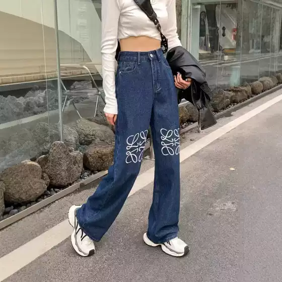 Embroidered Logo Denim Pants with Patchwork Embroidery, Back Seam Leather Tag, Eye-Catching High-Waisted Wide-Leg Design, Hides Imperfections and Makes Legs Look Longer