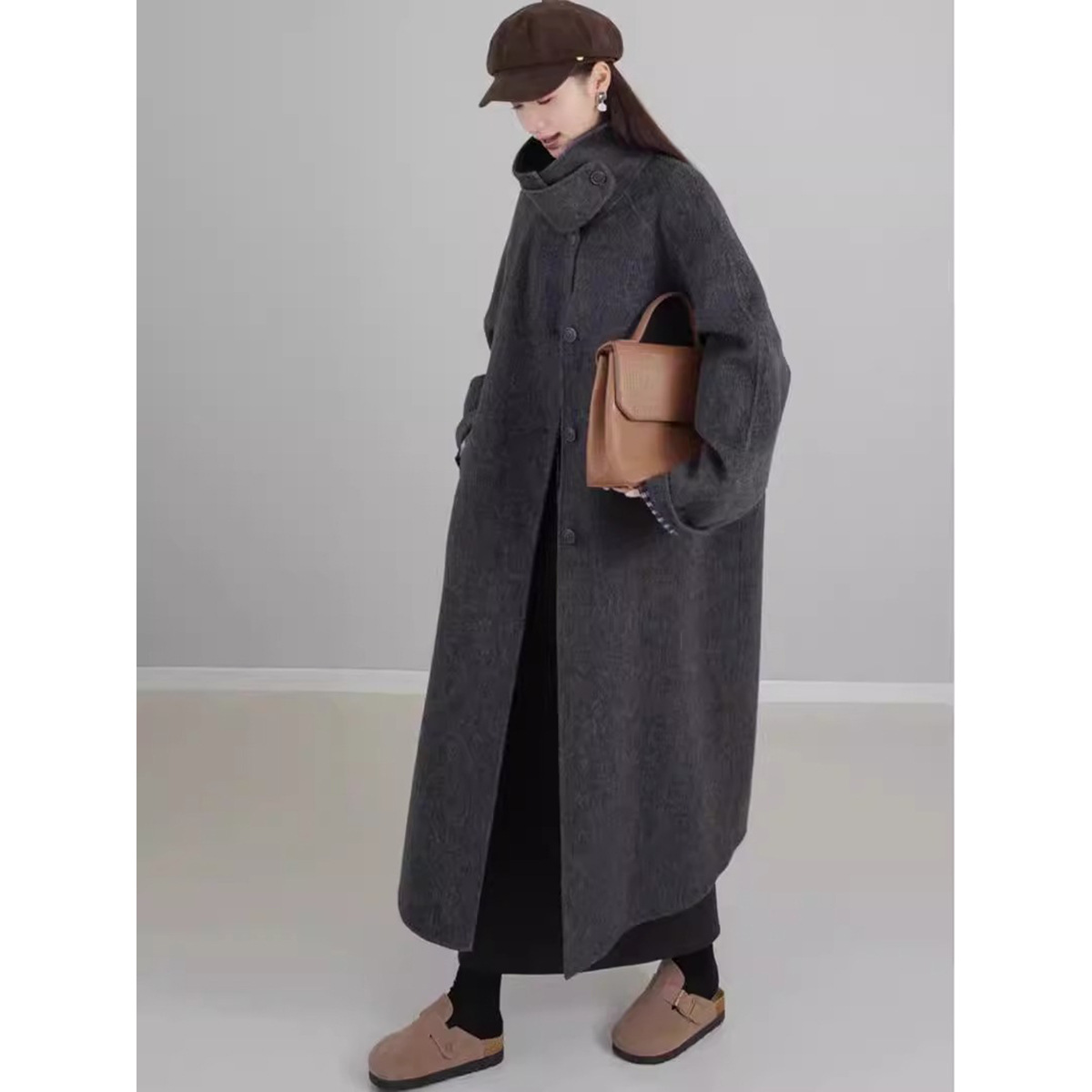 725 # Gray Double-Sided Cashmere Coat for Women, Mid-Length Autumn and Winter New Korean Style Loose Lazy Style Woolen Coat