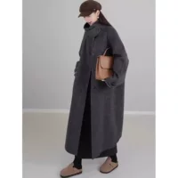 725 # Серое двустороннее кашемировое пальто для женщин, осенне-зимнее новое шерстяное пальто средней длины в корейском стиле, свободное шерстяное пальто в ленивом стиле