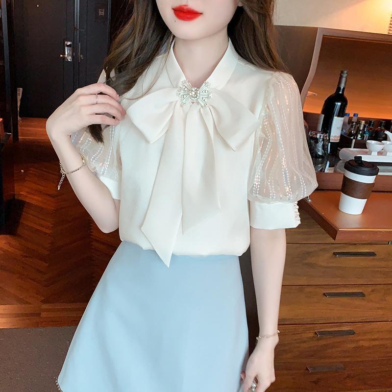 宫廷风雪纺短袖衬衫女士夏季减龄洋气小衫2025新款爆款泡泡袖上衣|undefined