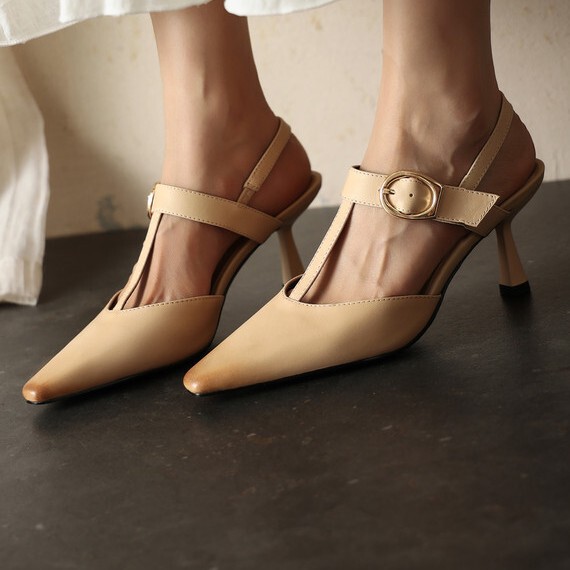 Full Leather Women's Shoes with Top Layer Oil-Waxed Cowhide, Thin Heel, Pointed Toe, T-Strap, Open Back, High Heel, Closed-Toe Sandals, Trendy