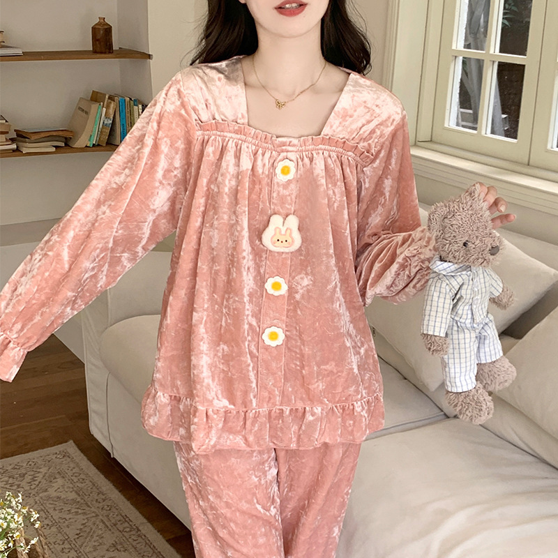 金丝绒睡衣女春秋季新款带胸垫一体长袖甜美公主风宽松家居服套装|undefined