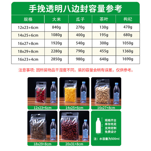 Eight-sided transparent self-sealing bag for food and tea, with a handle, refrigerator, thickened preservation bag, plastic packaging bag