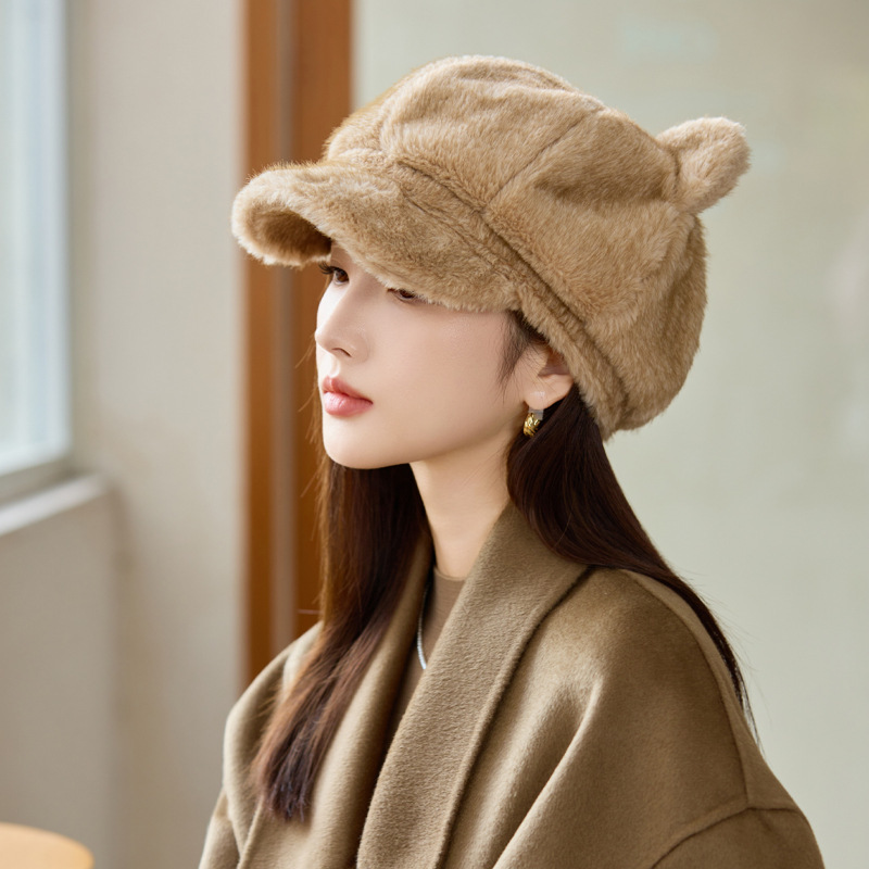 冬天帽子女款保暖加绒时尚百搭鸭舌帽可爱猫耳朵纯色高级感毛绒帽|undefined