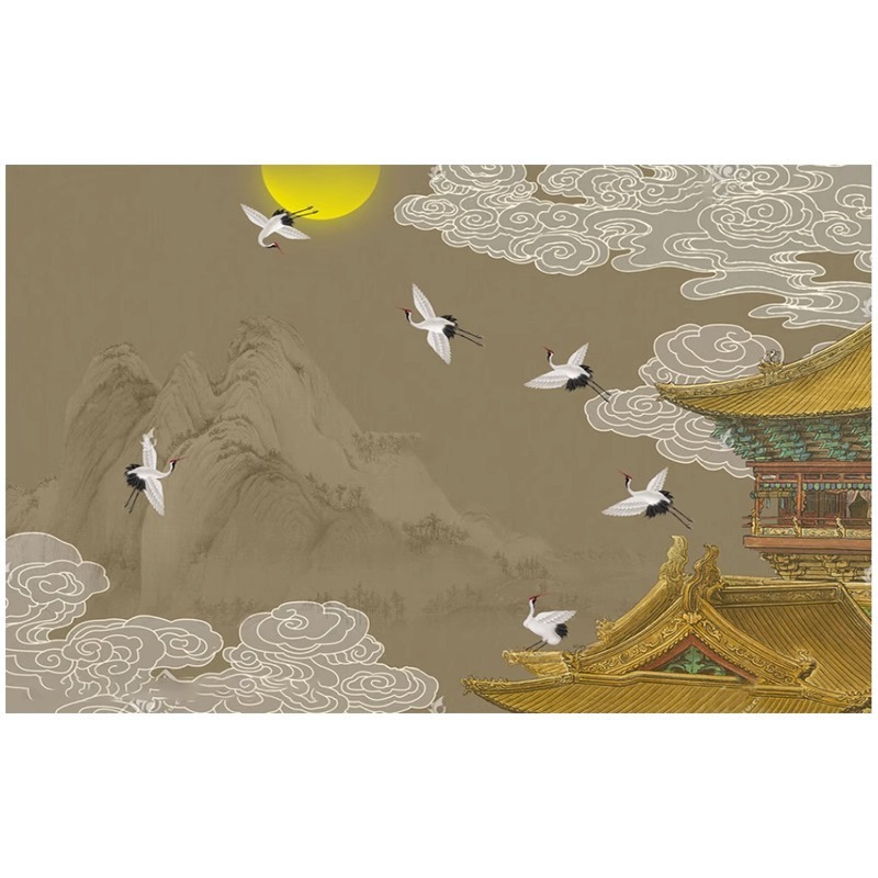 中式轻奢国潮客厅沙发5D电视背景墙壁纸仙鹤祥云阁楼墙布山水壁画|undefined