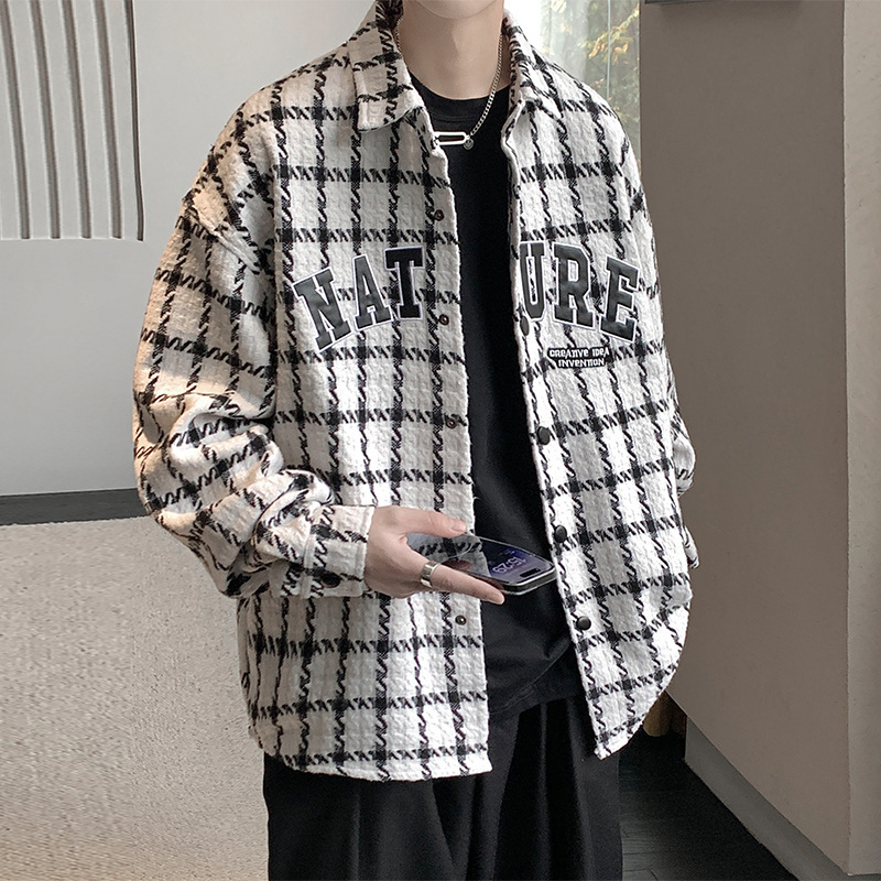 Small fragrant wind coat male spring and autumn tide brand ins loose ruffian handsome plaid jacket port style casual lapel clothes