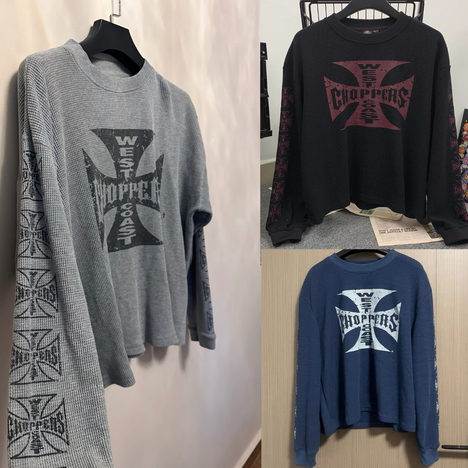 正确版vintage华夫格十字印花logo复古长袖T恤潮牌宽松长袖Tee男