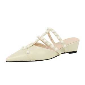 599-10 Korean version shallow mouth hollowed out wedge heel women's shoes white rivet fashion half drag pointed toe
