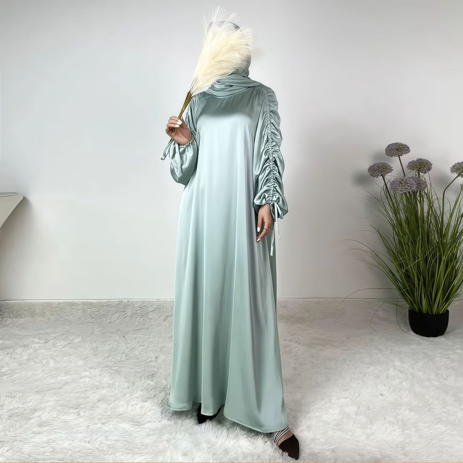 Robe abaya modeste et ensemble foulard avec plis à cordon et manches lanternes._voghion.com