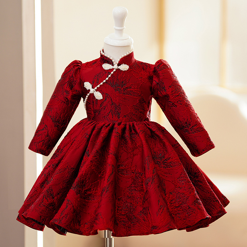 周歲禮服公主裙紅色女寶寶女童中式國風蓬蓬裙兒童主持人演出服秋
