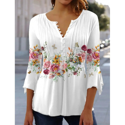 2025 Cross-border European and American Spring and Summer Fashion New Women's Floral Print V-neck Short Sleeve Pressed Button T-shirt Base Shirt
